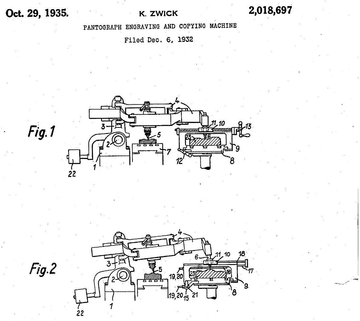 Patent drawing in two side views of a pantograph engraving machine: a pantograph arm on a column carries the cutter spindle over the work, and a stylus on the right traces a pattern clamped on a separate table.
